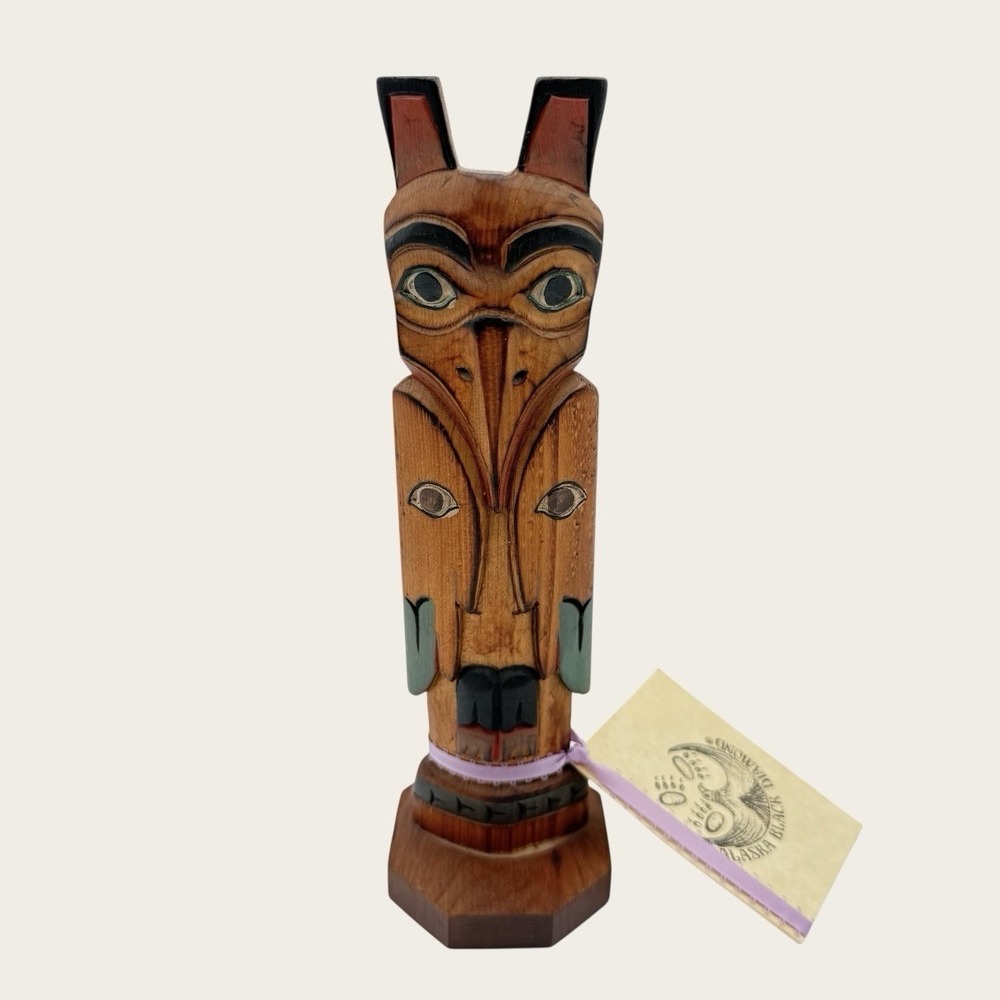Alaska Black Diamond Handcrafted Ray Moore Signed Raven Bird Totem Pole 8.75"